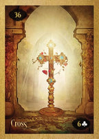 Decorative card with a cross and floral elements in an ornate frame.