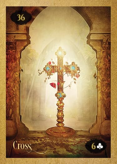 Decorative card with a cross and floral elements in an ornate frame.