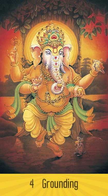 Colorful depiction of a deity with a warm background labeled '4 Grounding'.