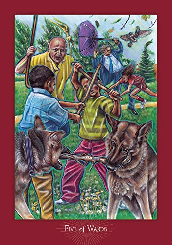 Card featuring children playing with dogs and adults in a garden, labeled 'Five of Wands'.