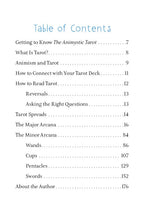 Table of contents for a tarot guide book on a white background