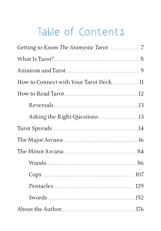Table of contents for a tarot guide book on a white background