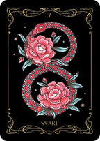 Card with decorative design of a snake and flowers on a black background