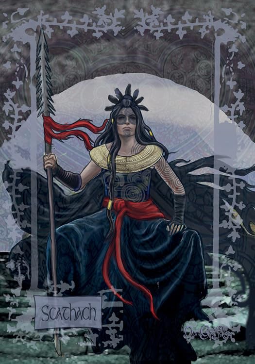 Feminine figure with a spear and red sash against a snowy landscape