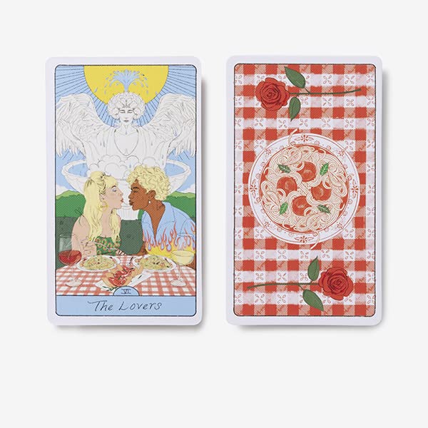 Two tarot cards featuring 'The Lovers' card on a white background
