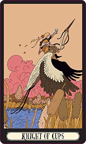 Card from a tarot deck featuring a stylized illustration of a person on a bird with a pink and brown background.