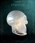 Crystal skull with 'Einstein' text on a dark background