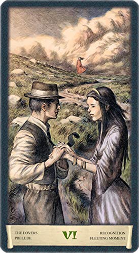 Tarot card featuring a couple in a mountainous landscape with a red figure in the distance.