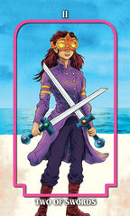 Tarot card featuring a character with a sword against a blue ocean background
