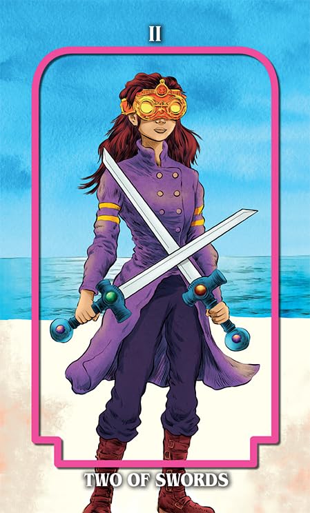 Tarot card featuring a character with a sword against a blue ocean background