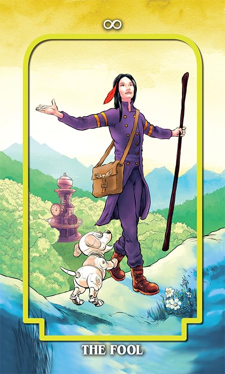 Tarot card titled 'The Fool' featuring a person in purple attire with a dog and a staff, set against a scenic background.