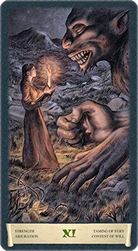 Tarot card featuring a woman with a candle facing a large creature, with text at the bottom.