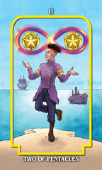 Two of Pentacles tarot card with a person in a purple outfit and gold pentacle symbols.