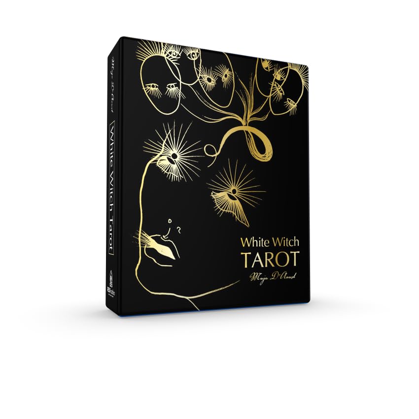 Black tarot card box with gold designs and 'White Witch Tarot' text on a white background