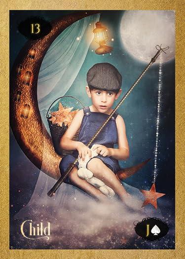 Card featuring a child with a wand, star, and moon on a dark blue background