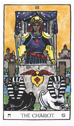 Tarot card titled 'The Chariot' with a central figure and Egyptian-themed elements.