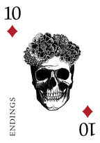 Card with a skull wearing a flower crown and '10 Endings' text on a white background