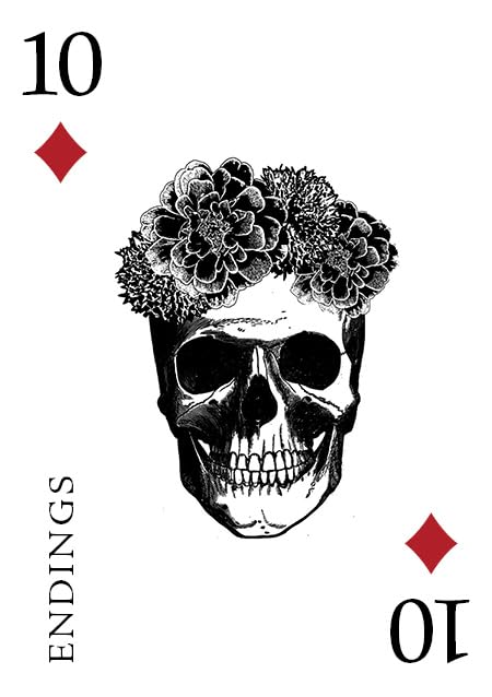 Card with a skull wearing a flower crown and '10 Endings' text on a white background