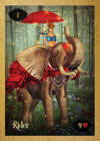 Card featuring an elephant and a person with a red umbrella in a forest setting, labeled 'Rider' and number '9'.