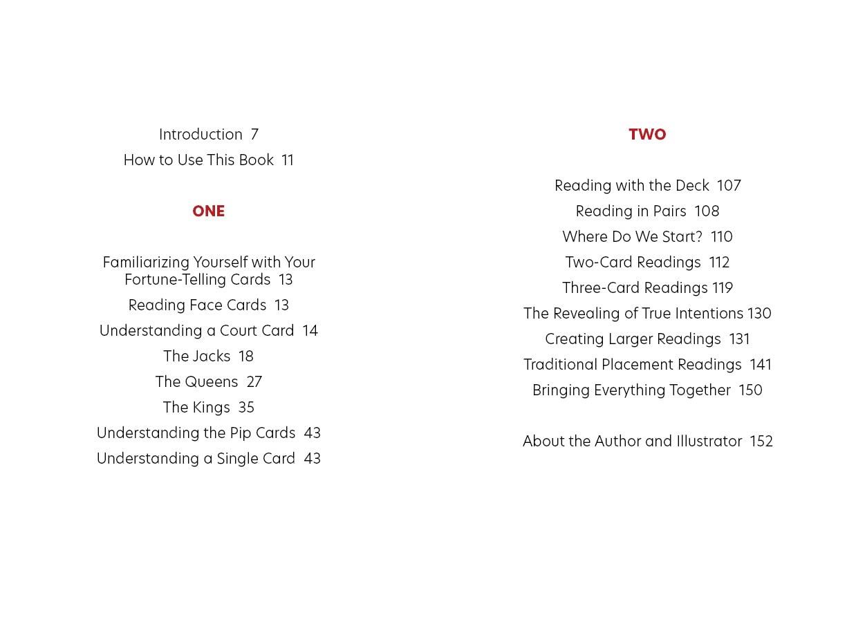 Table of contents for a book on fortune-telling cards with chapter headings and page numbers.