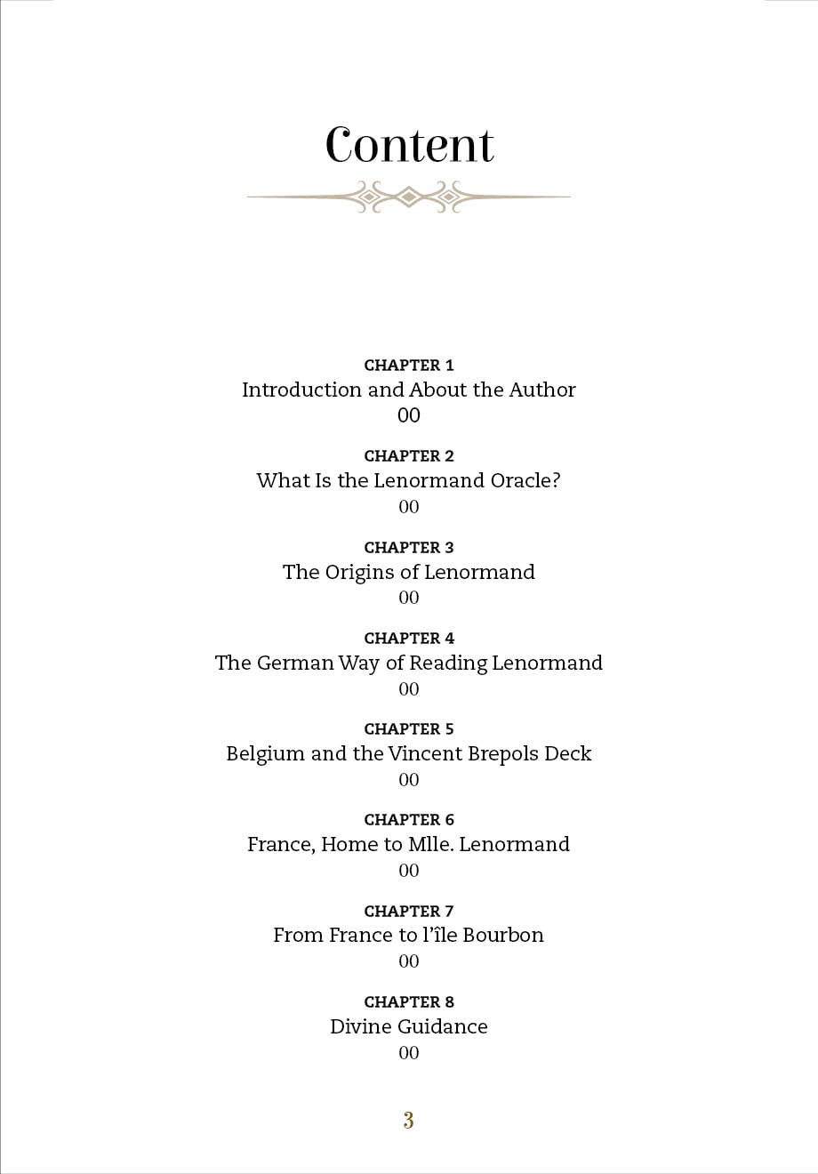 Table of contents for a book or document on Lenormand Oracle with chapter titles and page numbers.