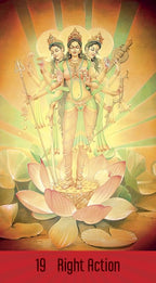 Three-faced deity with weapons on a lotus flower, symbolizing 'Right Action'.