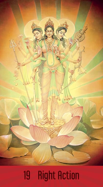 Three-faced deity with weapons on a lotus flower, symbolizing 'Right Action'.