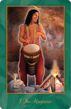 Tarot card featuring a person playing a drum with a campfire and candles in the background, titled 'The Magician'.