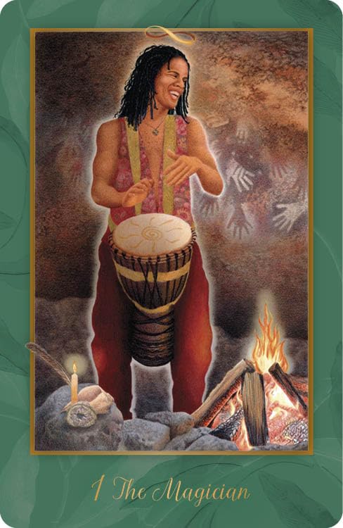 Tarot card featuring a person playing a drum with a campfire and candles in the background, titled 'The Magician'.