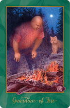 Card featuring a person by a campfire with a cat, titled 'Guardian of Fire'.