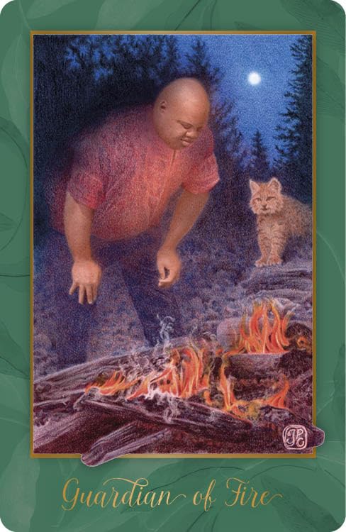Card featuring a person by a campfire with a cat, titled 'Guardian of Fire'.