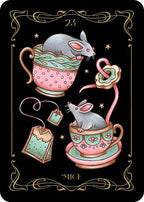 Illustration of two mice in teacups with a decorative border and 'MICE' text.