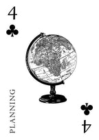 Card with a globe design and '4 of Clubs' text on a white background