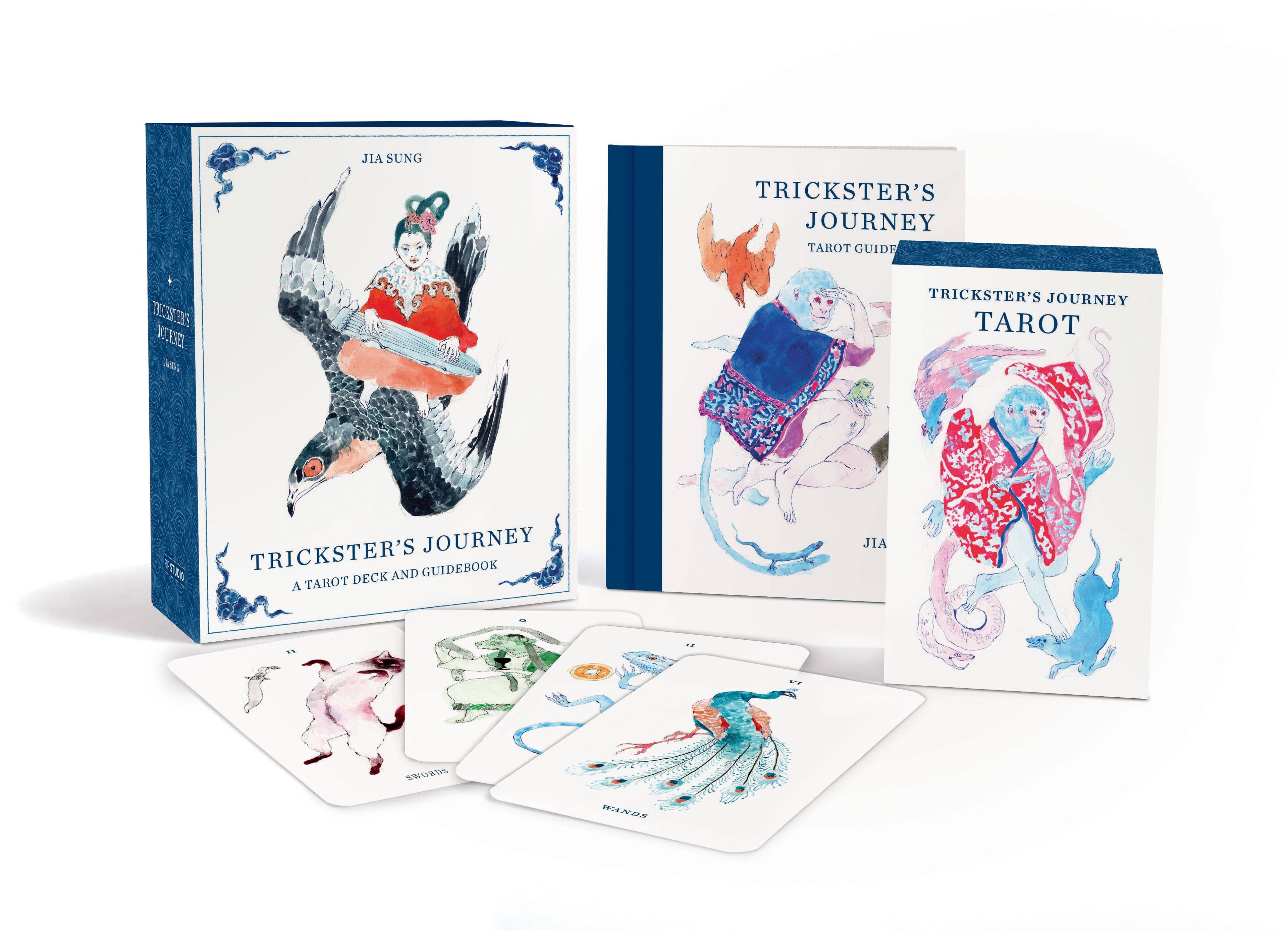 Trickster's Journey Tarot deck with cards and box on a white background