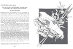 Text and illustration of a wolf skull with plants on a page