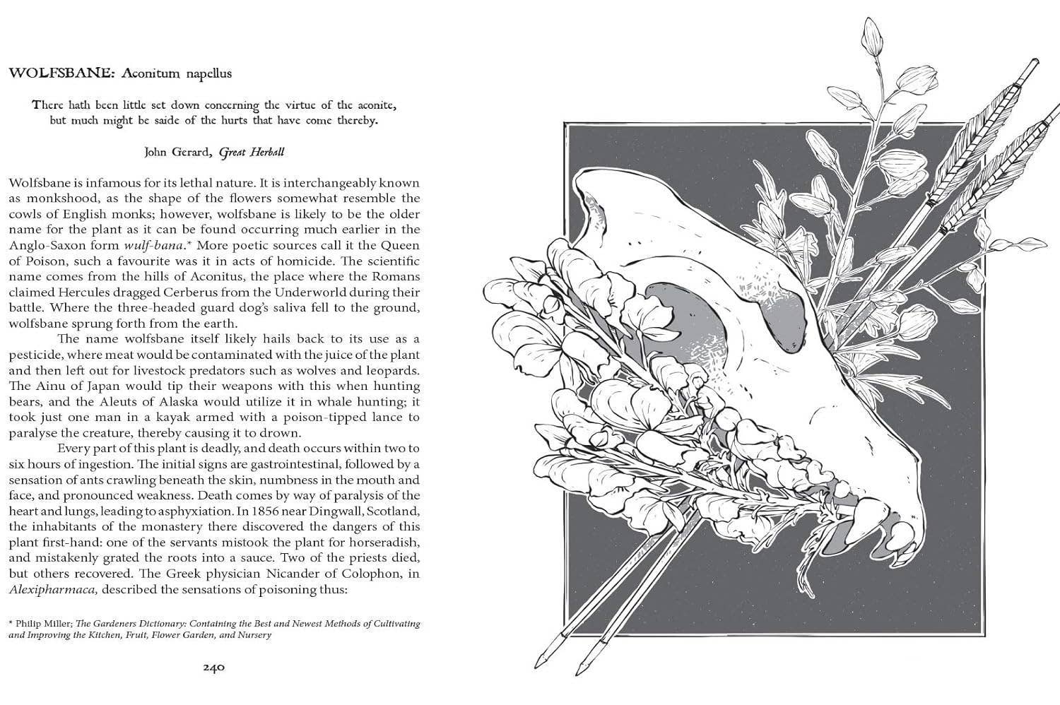 Text and illustration of a wolf skull with plants on a page