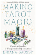 Book cover of 'Making Tarot Magic' with candles, cards, and flowers on a white background
