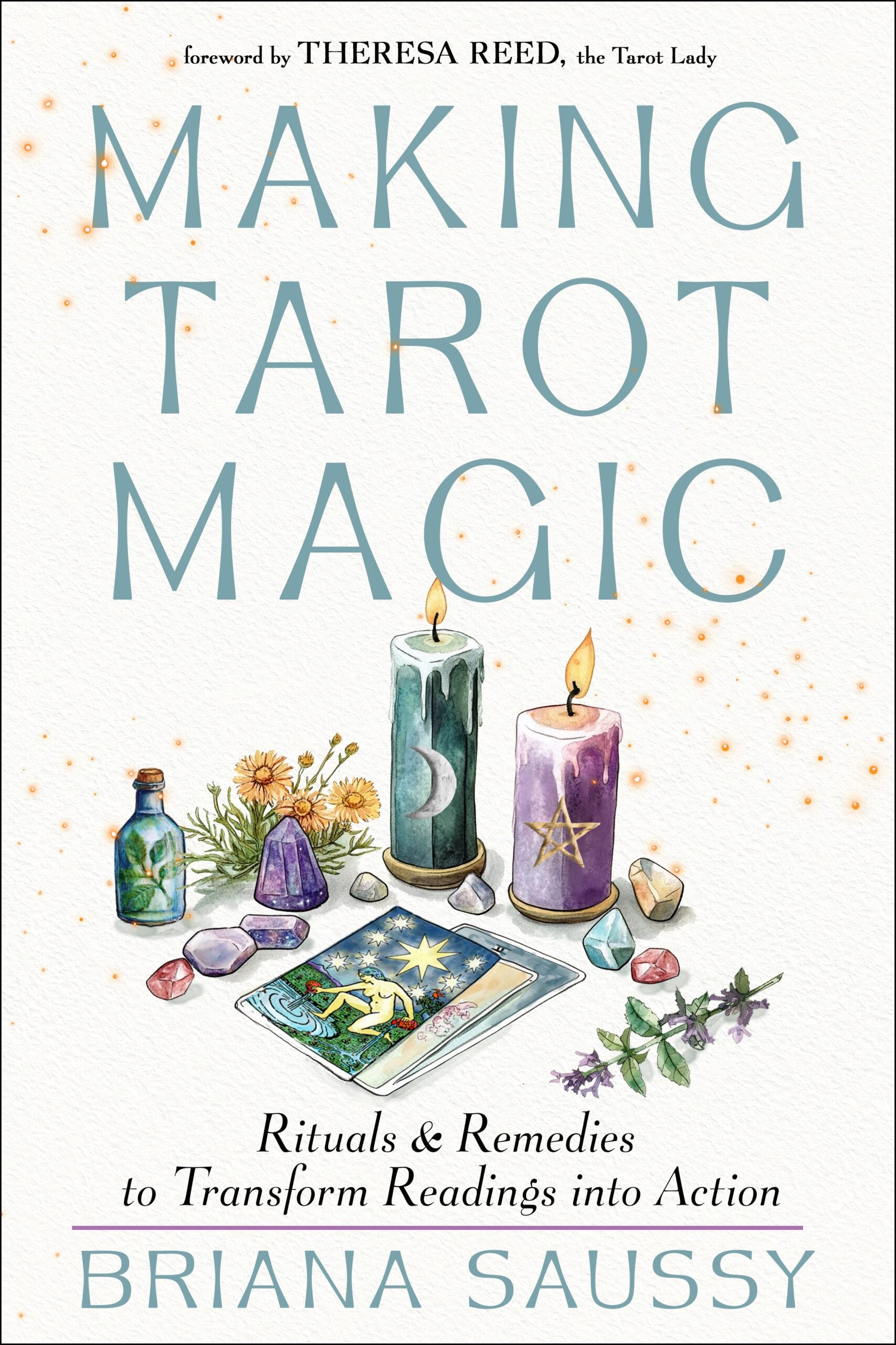 Book cover of 'Making Tarot Magic' with candles, cards, and flowers on a white background