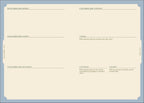 A beige planner page with a blue border, featuring labeled sections for dates from Monday through Sunday and prompt boxes for each day.