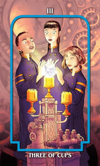 Three people in uniform holding a glowing cup with a mechanical background, labeled 'Three of Cups'.