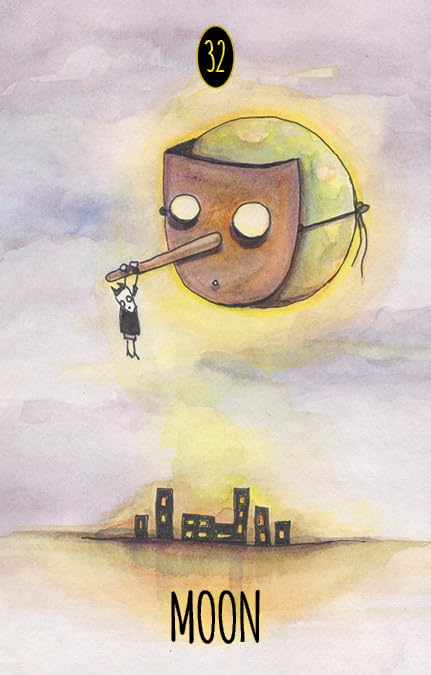 Illustration of a mask with a cityscape and 'MOON' text on a cloudy background