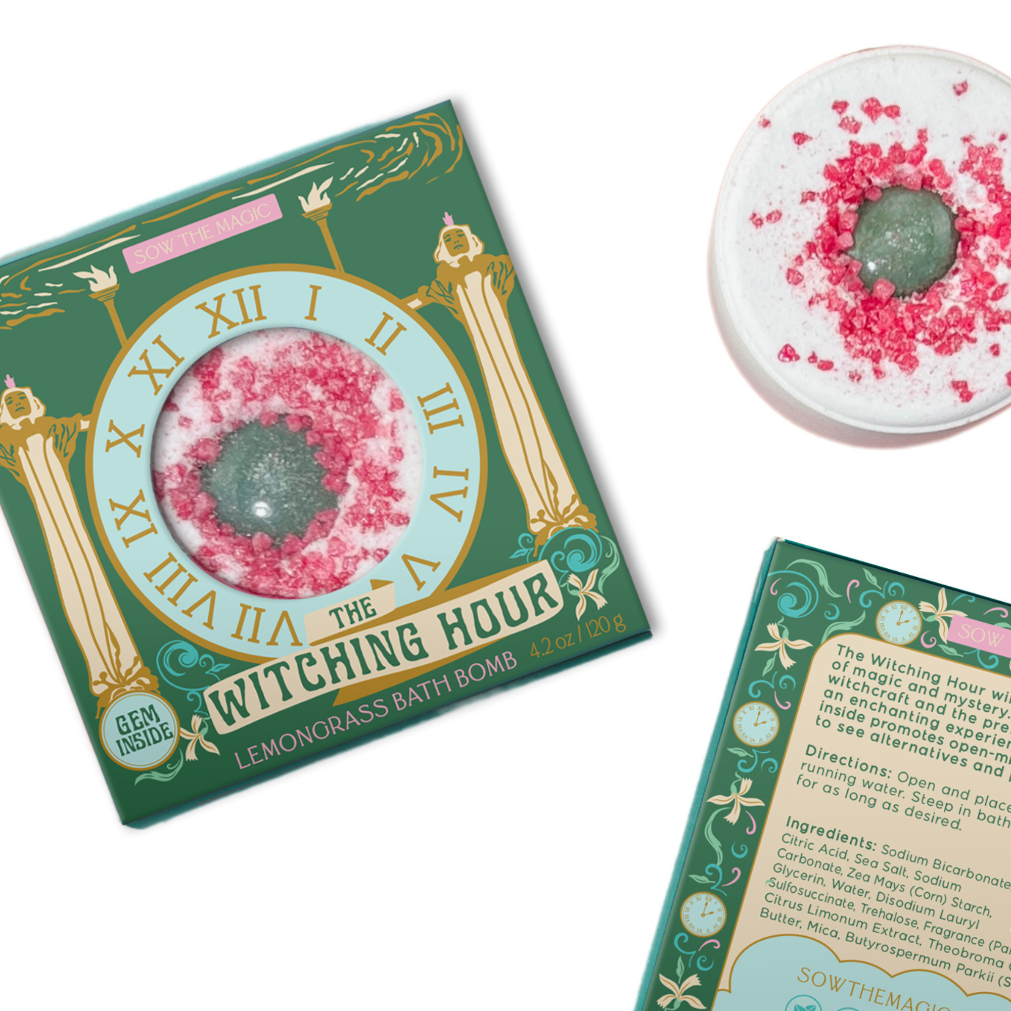 Bath bomb packaging with decorative design and text on a white background