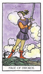 Tarot card featuring a person holding a sword against a purple background with clouds.