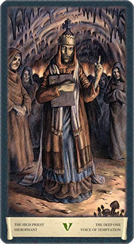 Tarot card featuring a high priestess with a dark, cave-like background