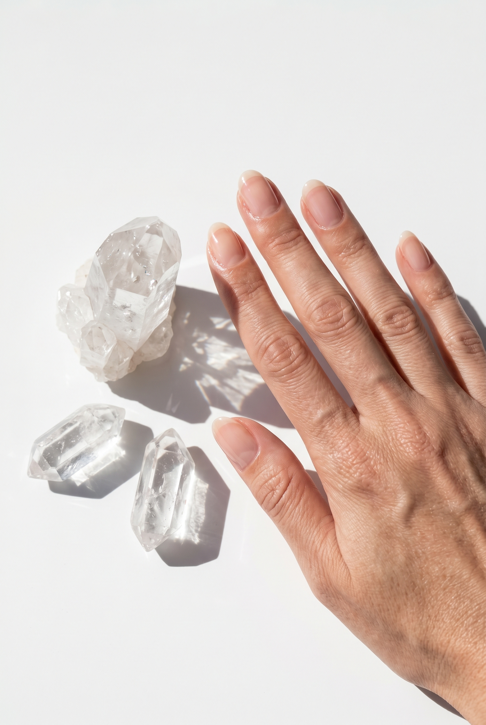 Hand next to three clear crystals on a light background