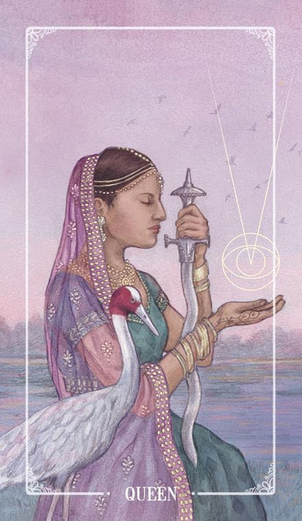 Card featuring a woman holding a sword with a swan, titled 'Queen', against a purple sky.