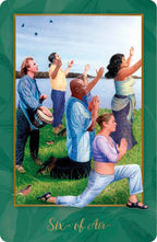 Card featuring a group of people by a lake with birds flying, labeled 'Six of Air'.