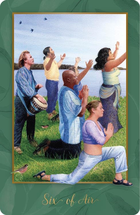 Card featuring a group of people by a lake with birds flying, labeled 'Six of Air'.