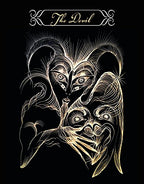 Tarot card illustration of 'The Devil' with stylized design on a black background