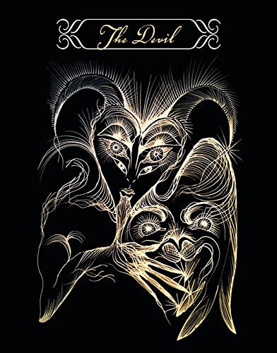 Tarot card illustration of 'The Devil' with stylized design on a black background